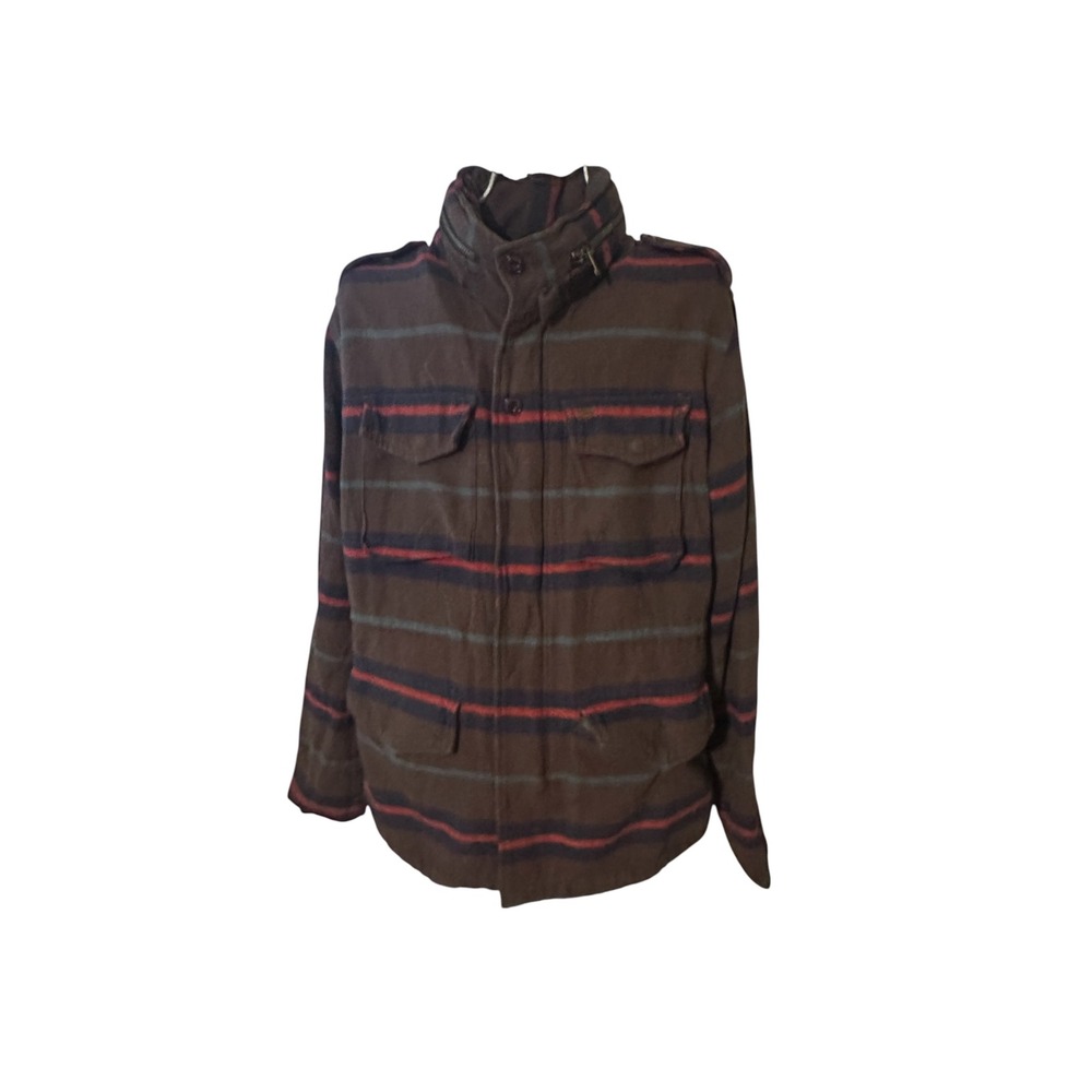 Obey Propaganda Mens Large Striped Field Jacket Brown Blue Red Cotton Utility